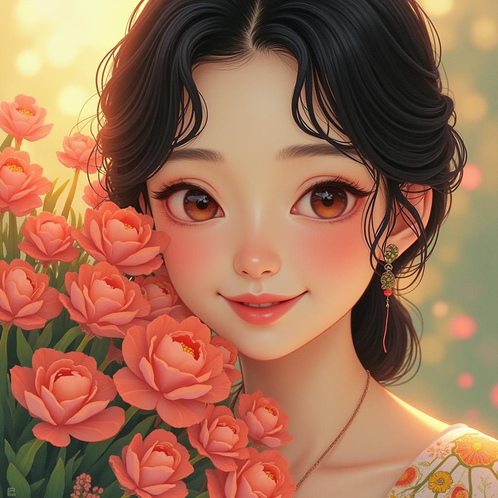 Woman Embracing Flowers in Art Nouveau Style