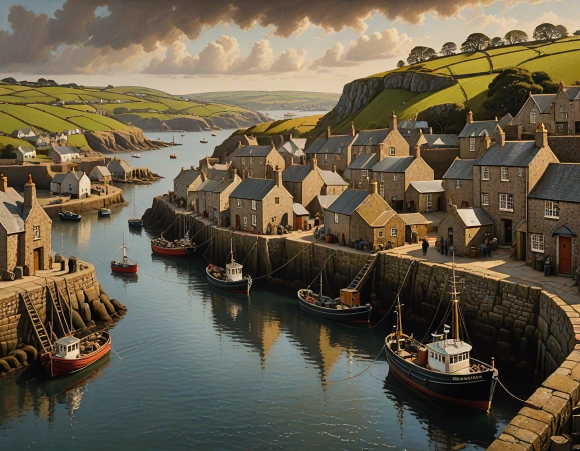 Vibrant Cornish Harbour Scene in Earthy Tones