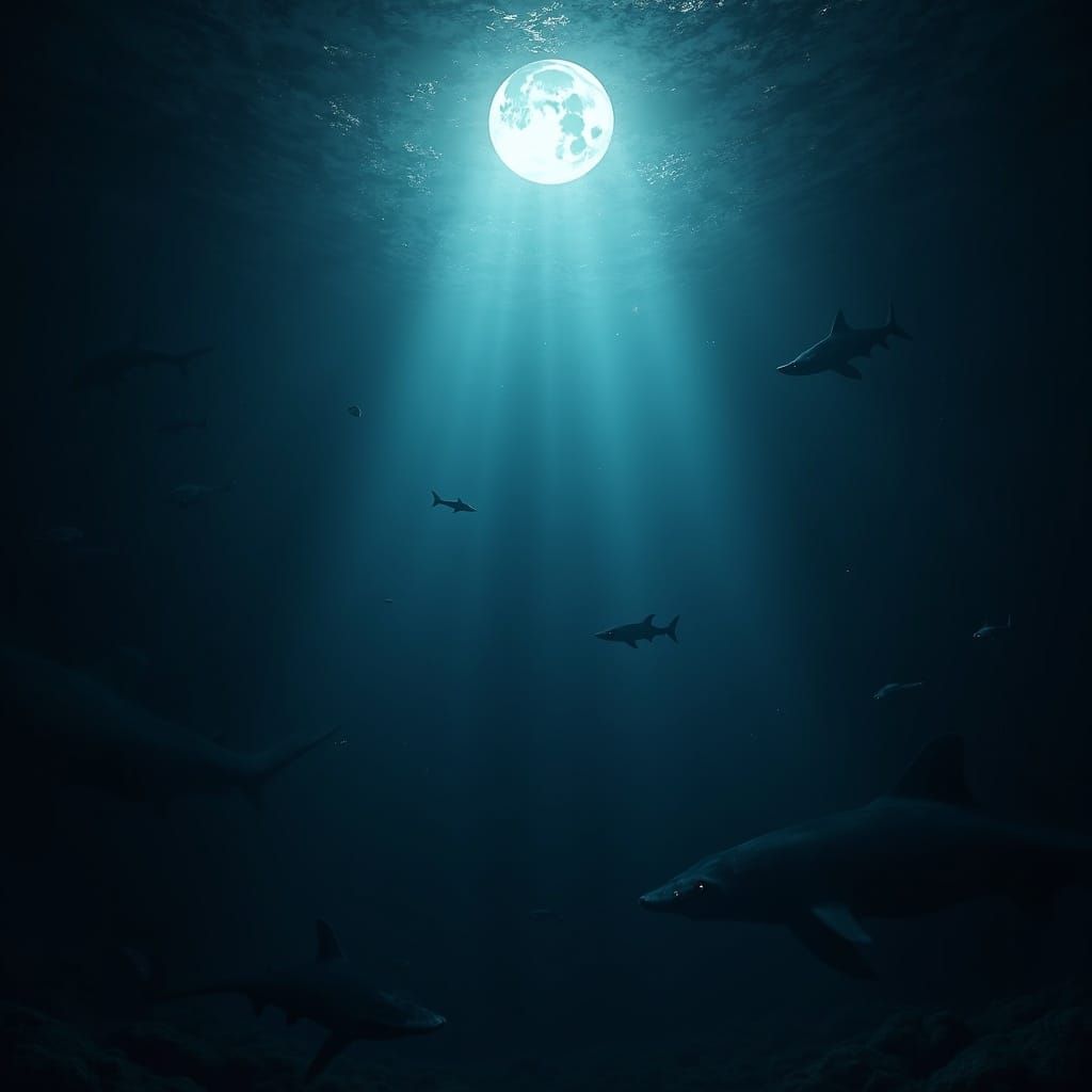 Moonlit Ocean Abyss with Shadowy Sharks and Fish