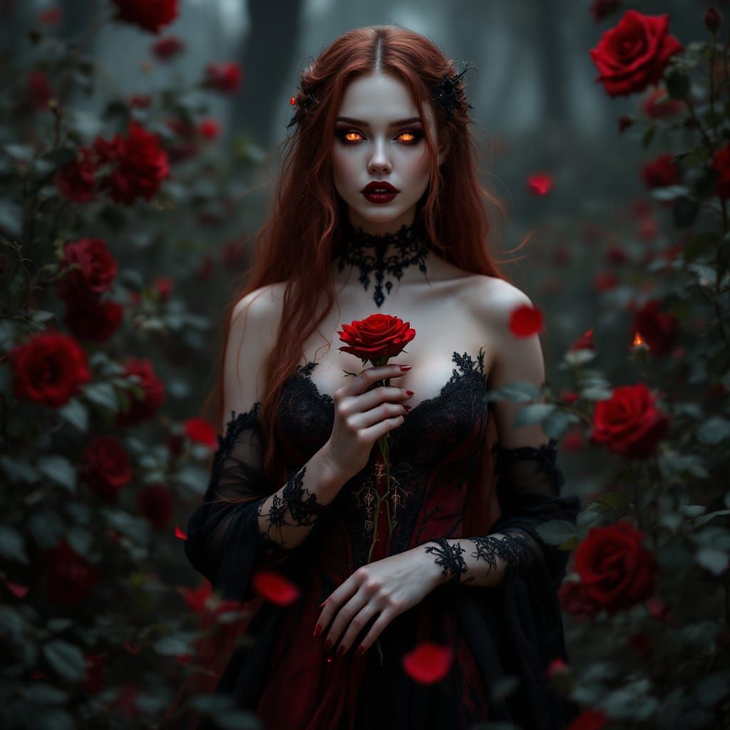 Blood-Rose Vampire Witch in Moonlit Gothic Garden