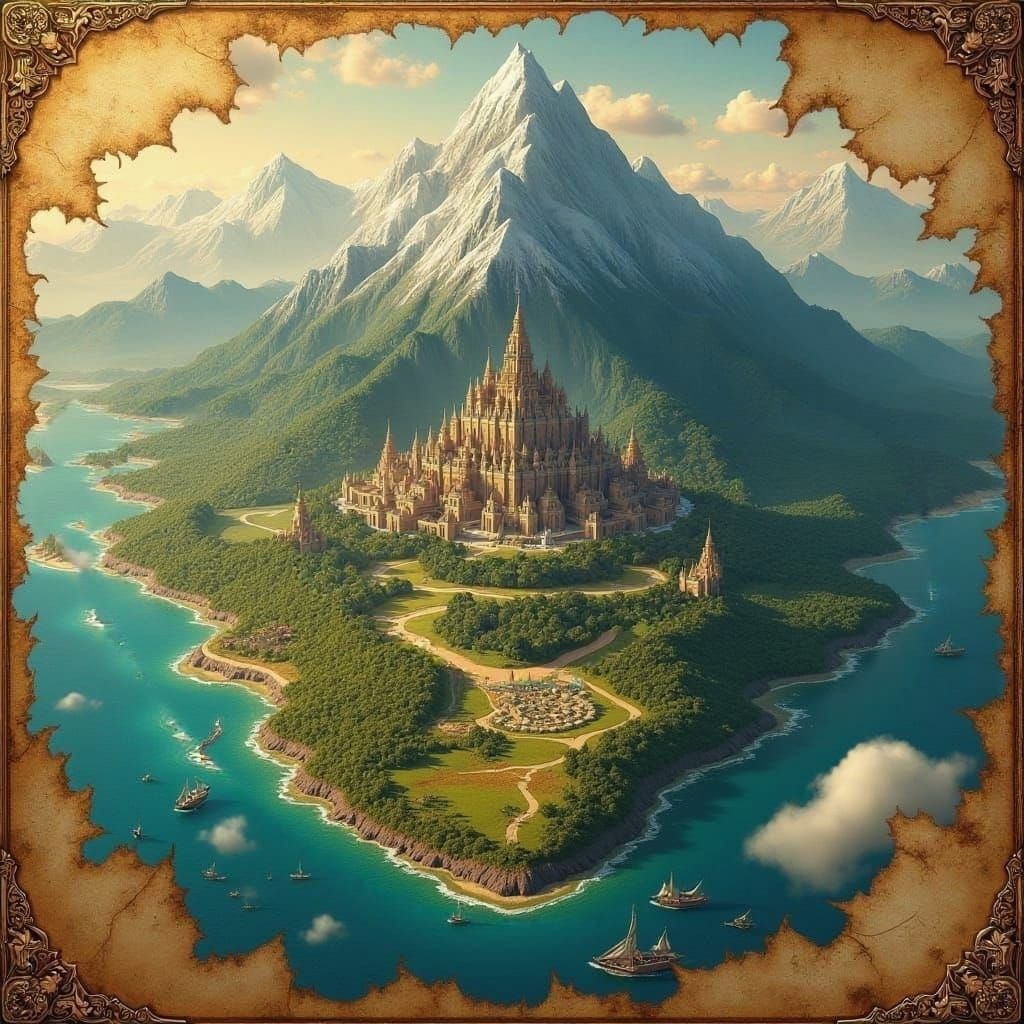 Island City Map with Mountains and Forest