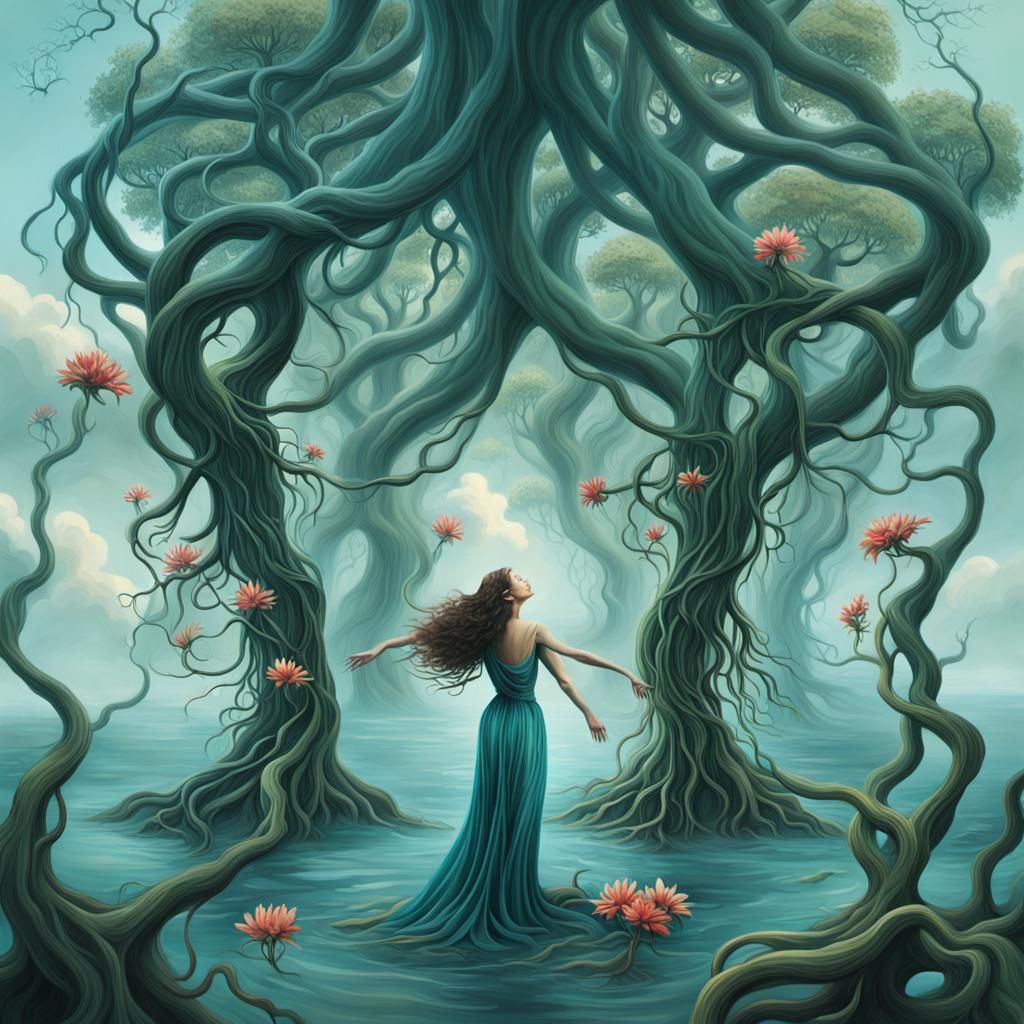Woman Ensnared in Whimsical Tree Roots, Dreamlike Forest Sce...
