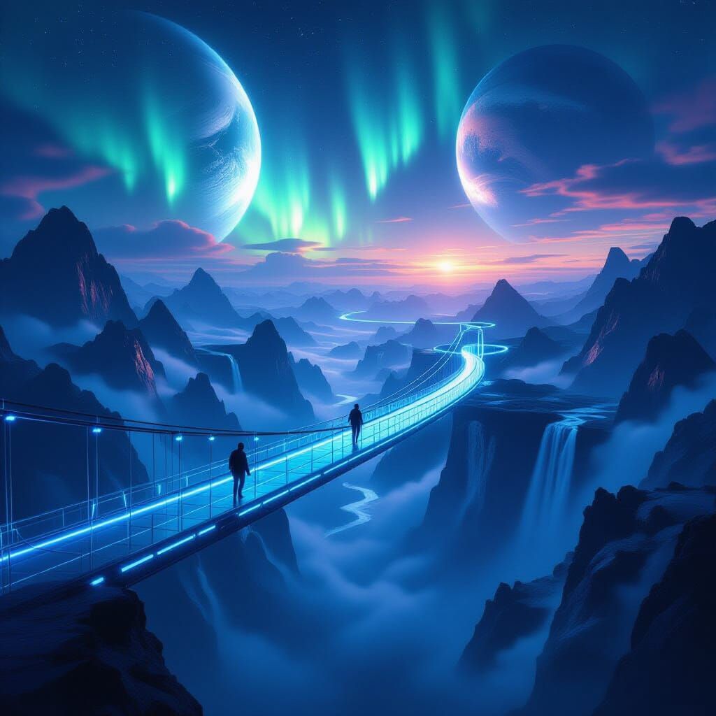Lone Traveler on Futuristic Neon Bridge Under Aurora Sky