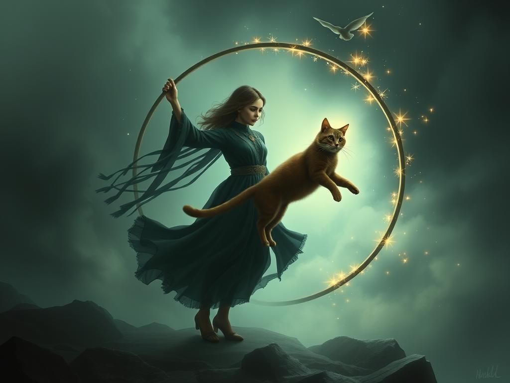Woman and Levitating Cat in Mysterious Magic World
