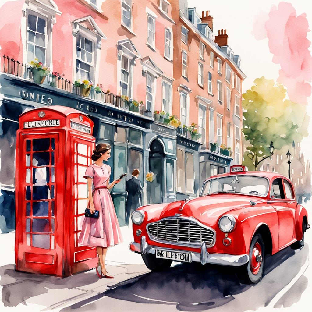 Elegant Woman Stands Beside Vintage Car and London Phone Boo...