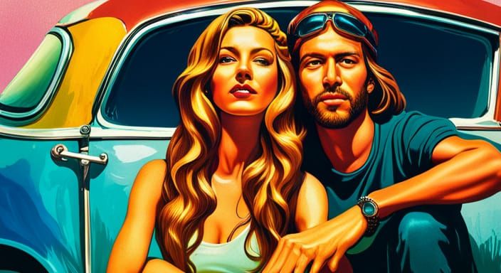 Vintage Polaroid of Hippie Couple in Van