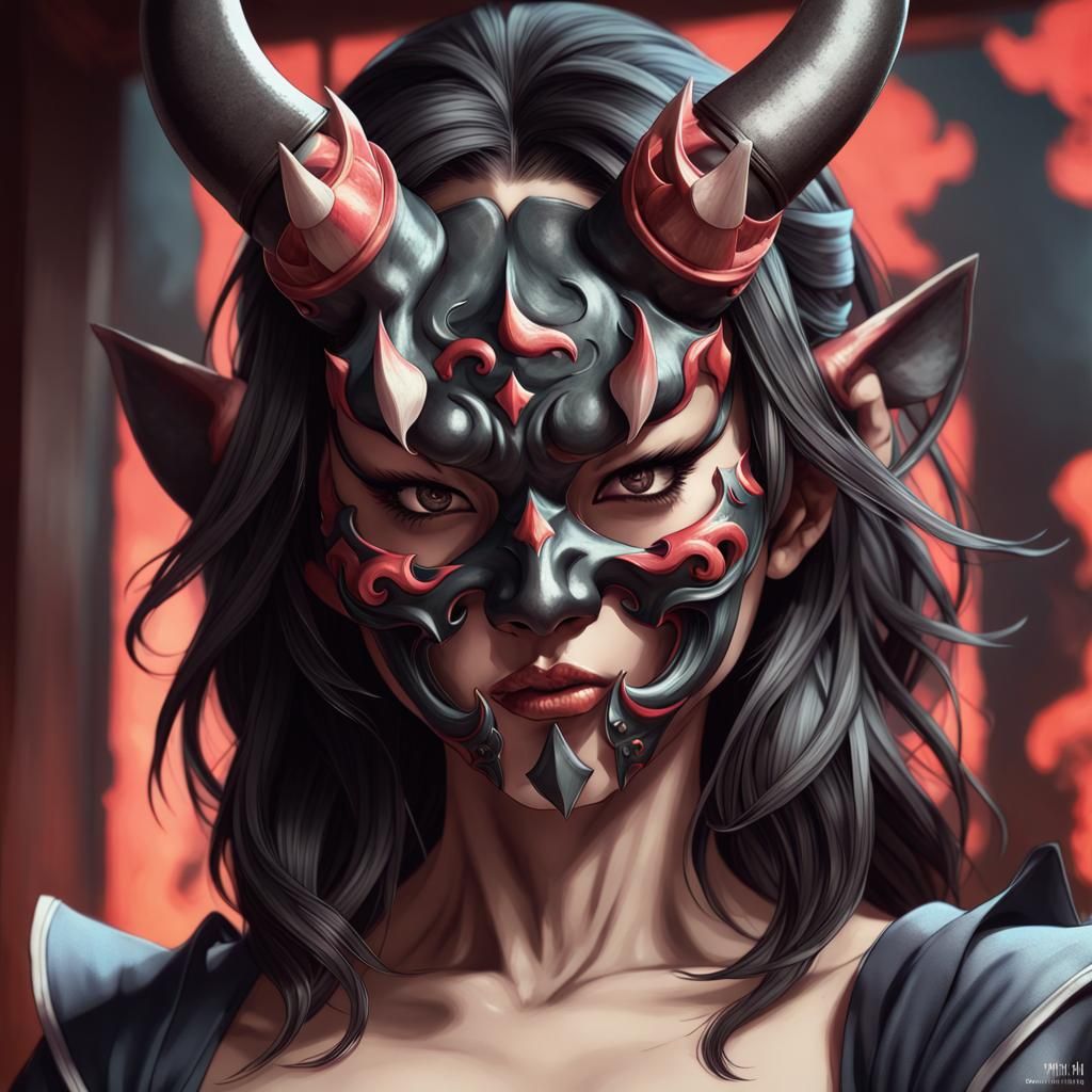 Oni Mask Portrait in Hyperdetailed Digital Art