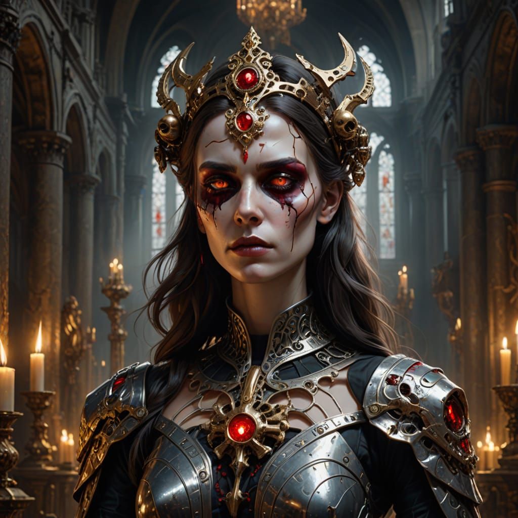 Gothic Cyborg Priestess in Baroque Style Cathedral