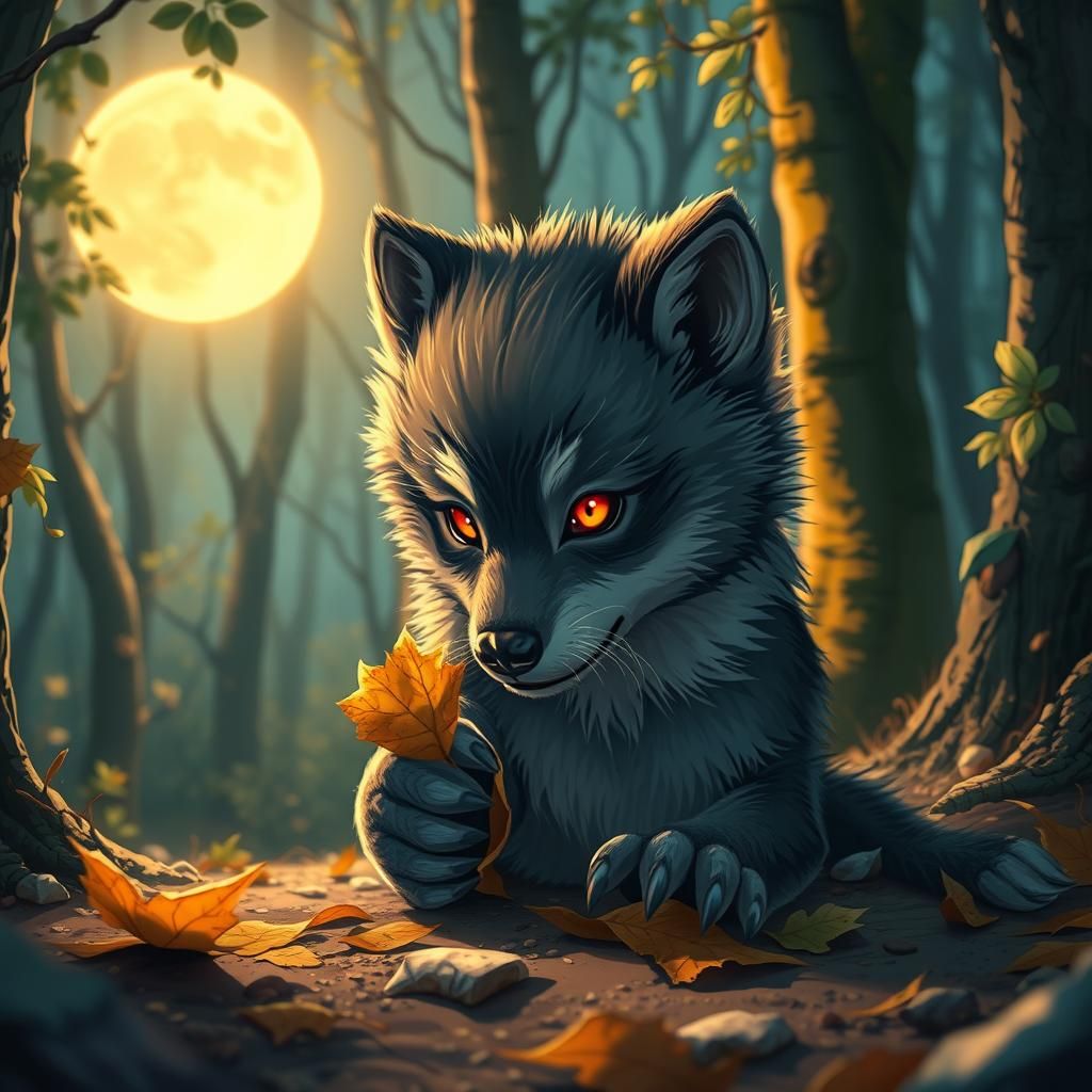 Werewolf Cub in Moonlit Forest Glade