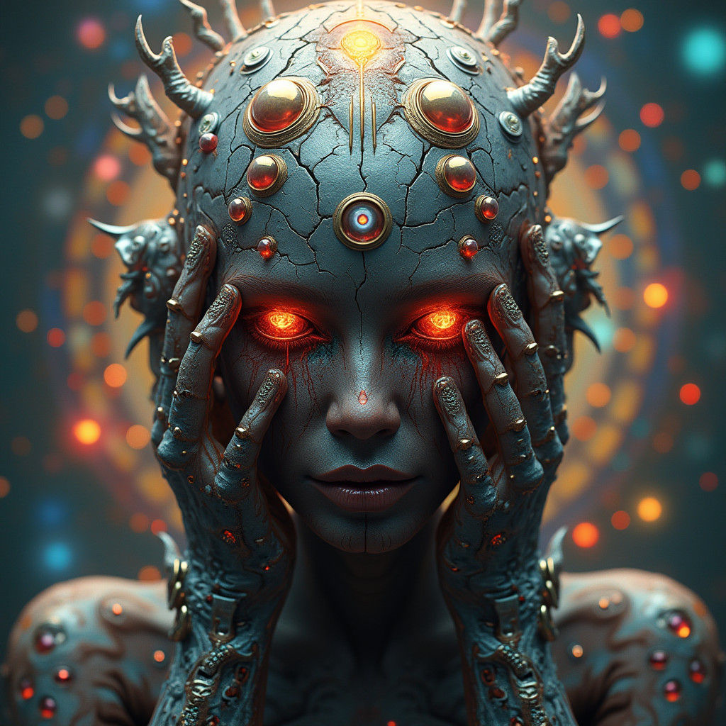 Cracked Humanoid Figure with Metallic and Organic Elements