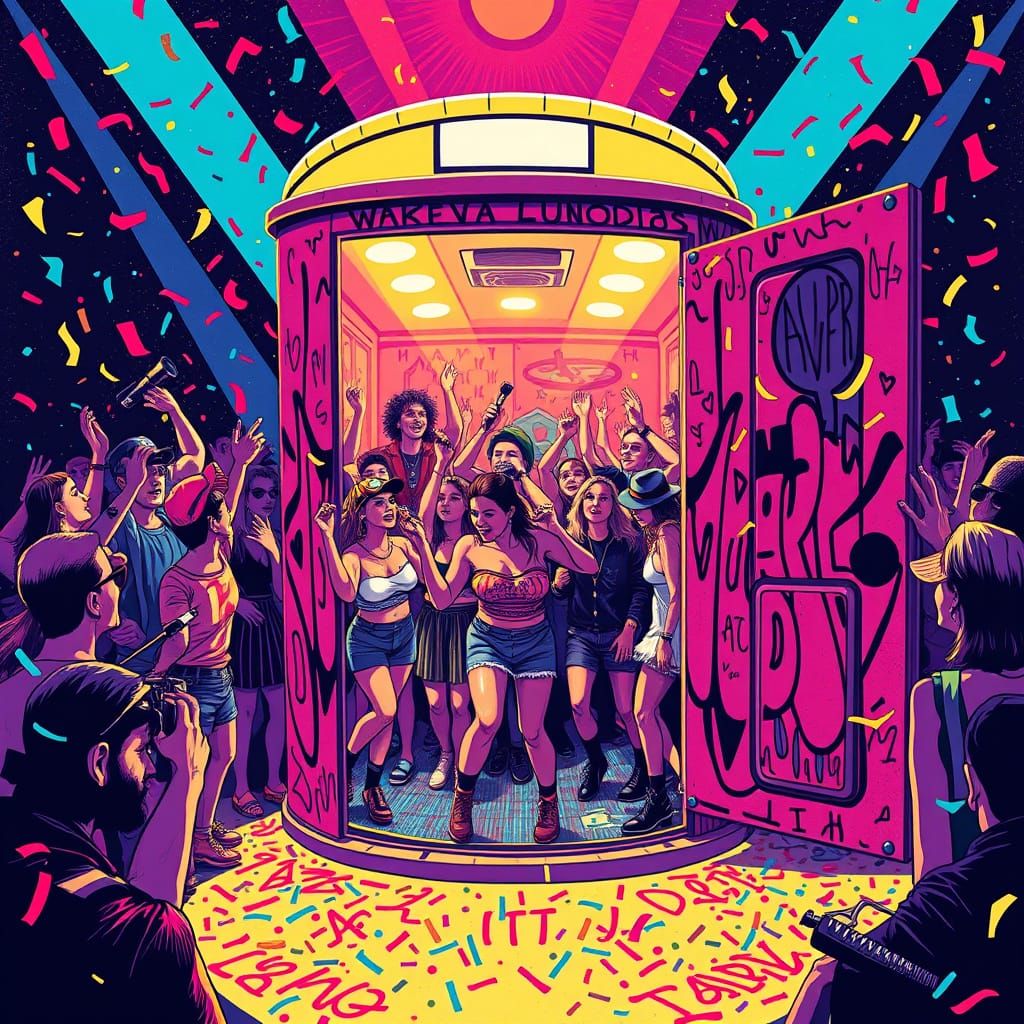 Vibrant Port-a-Potty Dance Party in Bold, Triadic Colors