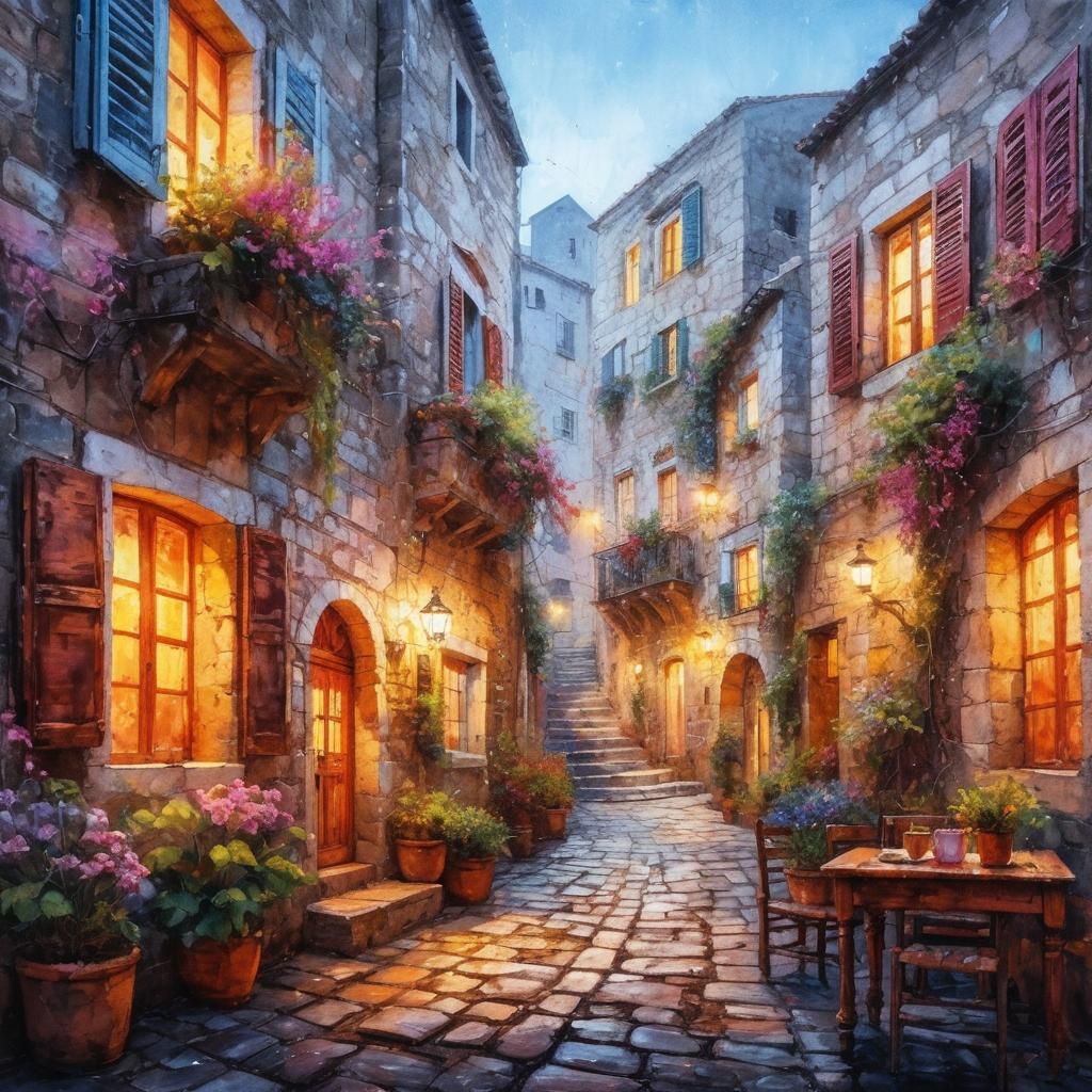 a charming cobbled street in a rustic Mediterranean village