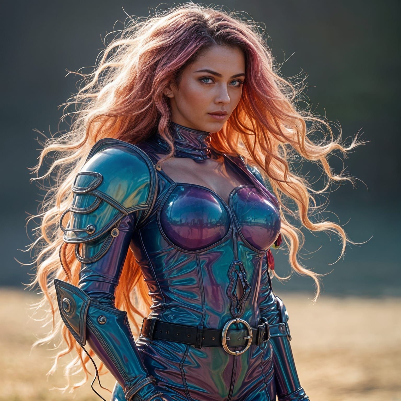 Beautiful Hyperrealistic Woman in Vibrant Tie Dye PVC Armor
