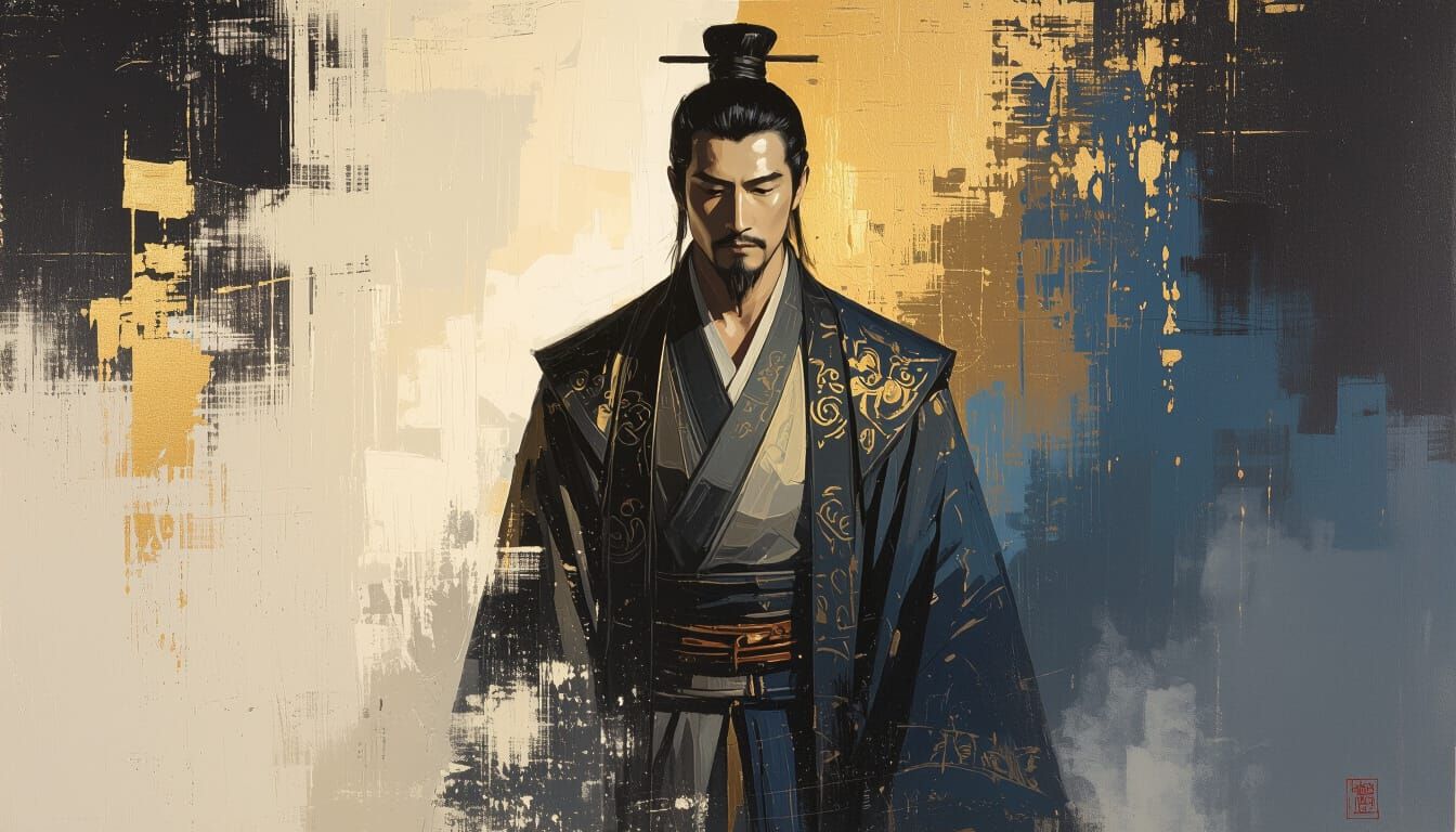 Chinese Man in Light and Shadow, Oil Painting