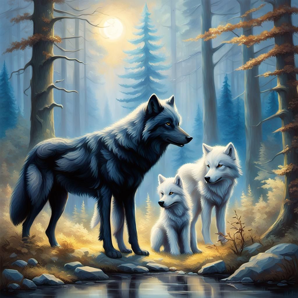 Black and White Wolves Guard Their Lively Puppies in a Whims...