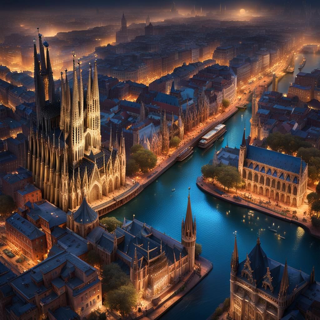 Moonlit Gothic Cathedral Inspired by Gaudi in 8K