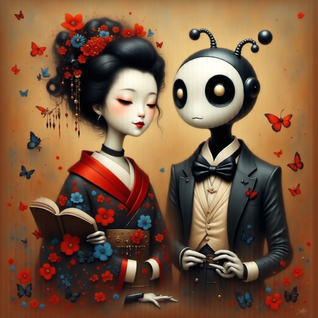 Geisha and Robot Butler in Futuristic Black Theater
