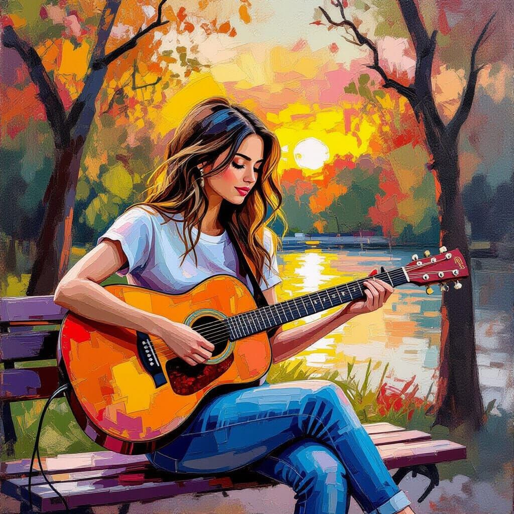 Woman Playing Guitar in Central Park at Sunset