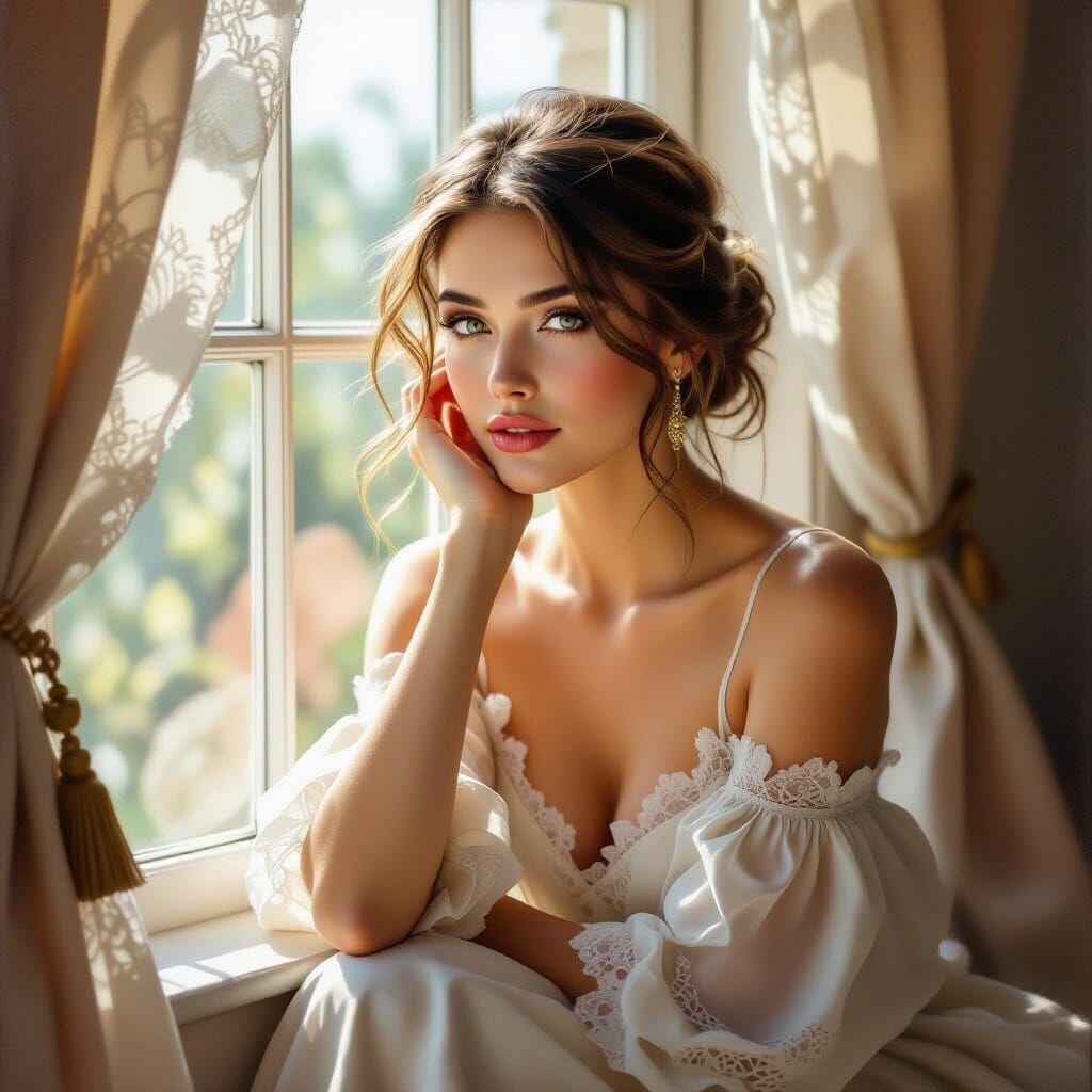 Realistic Oil Painting of Woman by Window in Soft Daylight