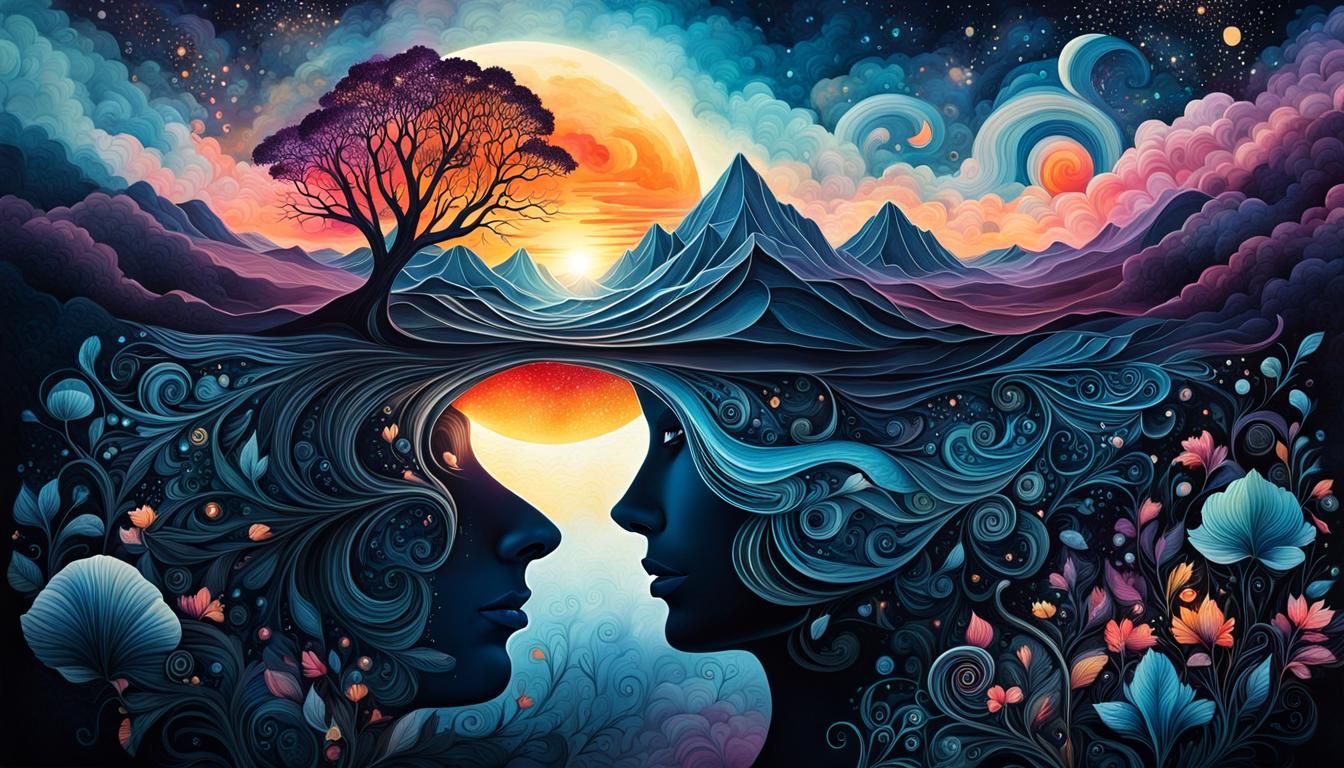 Dreamy Swirling Mindscape with Sunset, Vector Style