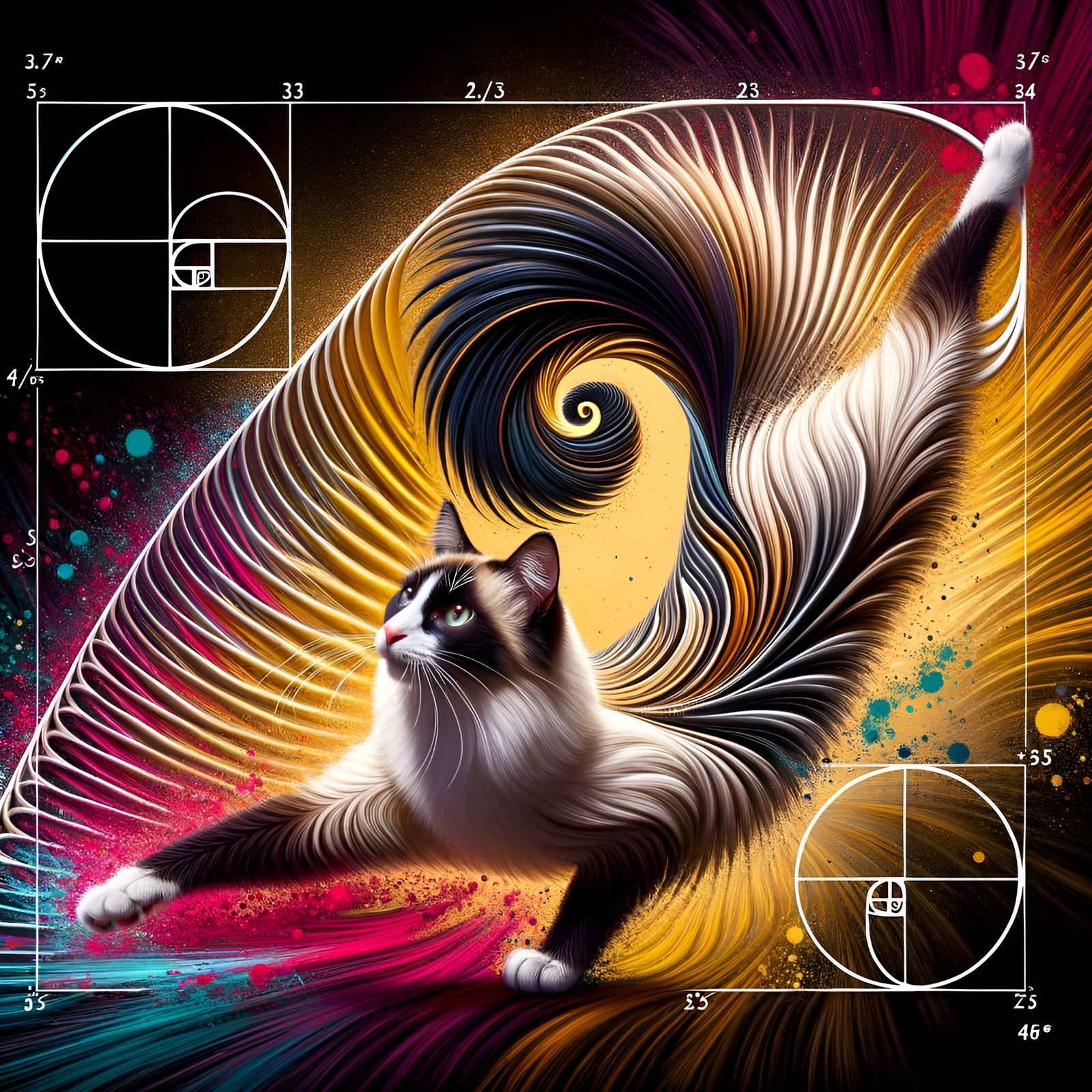 Siamese Cat in Golden Spiral Pose, Hyperrealistic