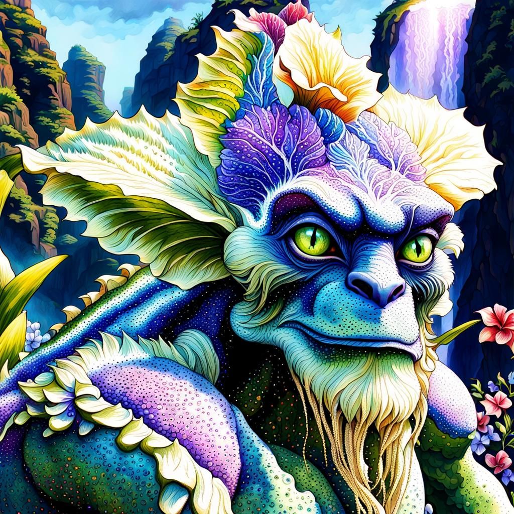 Pointillist Troll in Japanese Garden at Sunset