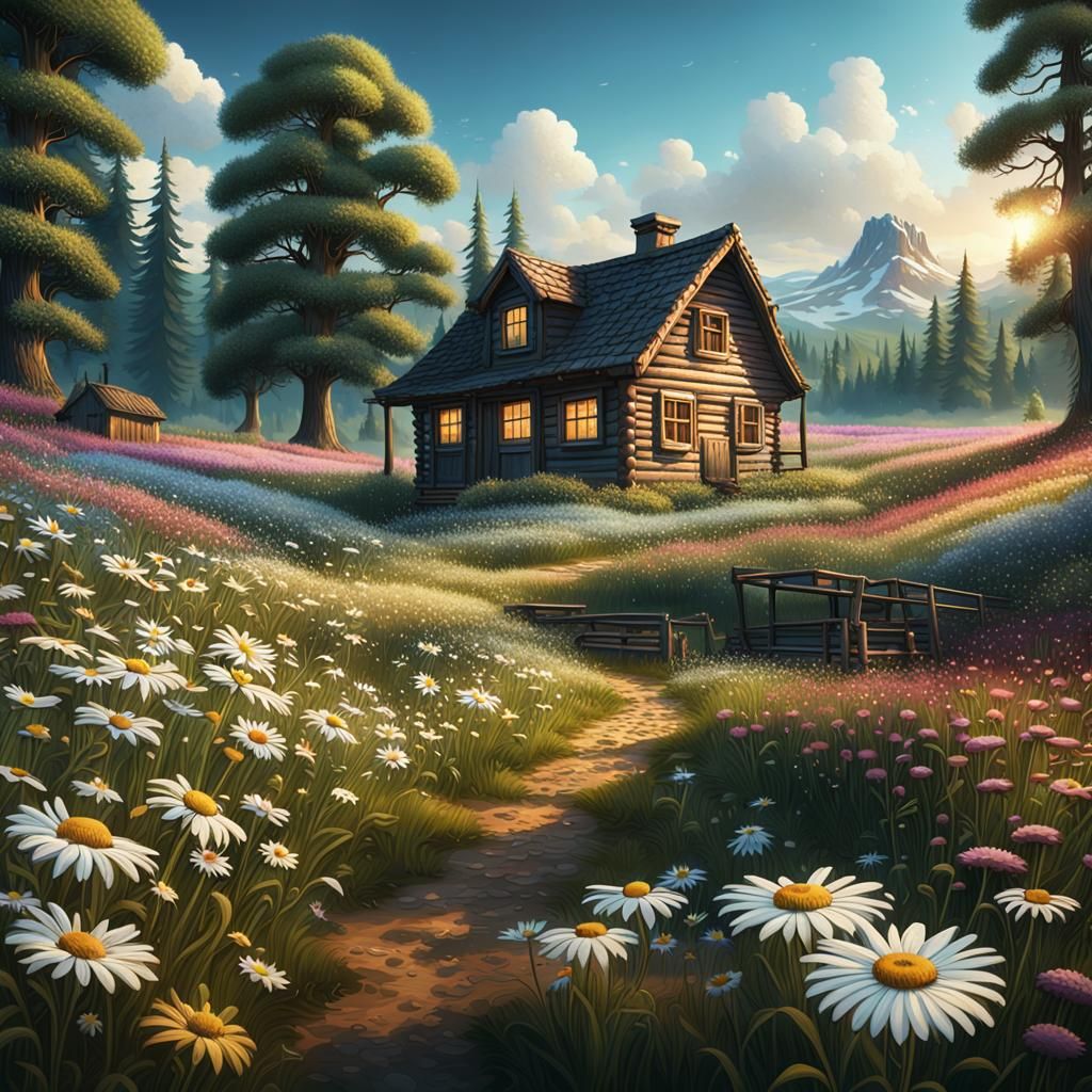 Wildflower Meadow Cabin: Detailed Matte Painting