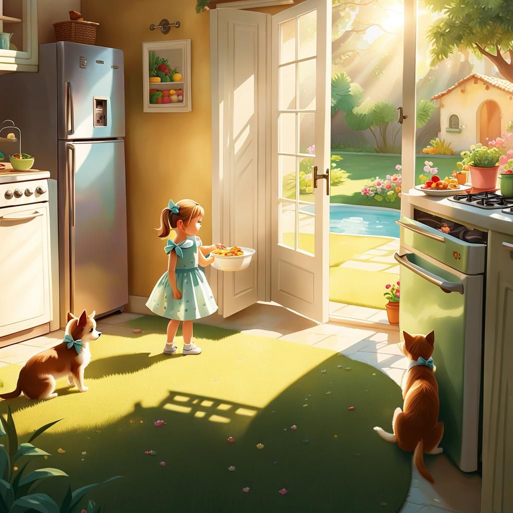 Ethereal Villa Scene with Girl, Kittens, in Kinkade Style