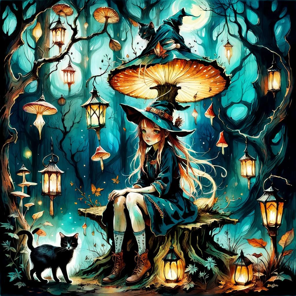 Cute Forest Witch and Cat by Magical Tree
