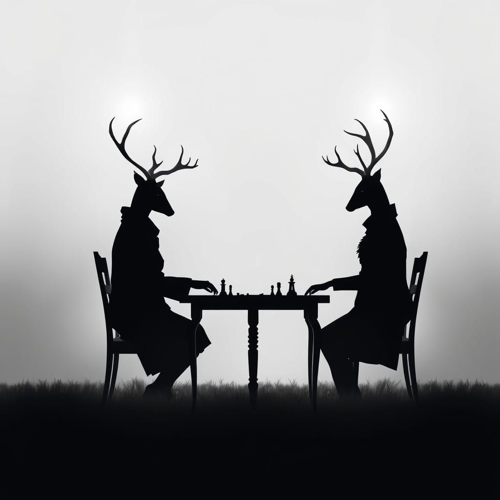 Surreal Moonlit Figures Play Chess in a Hazy Meadow