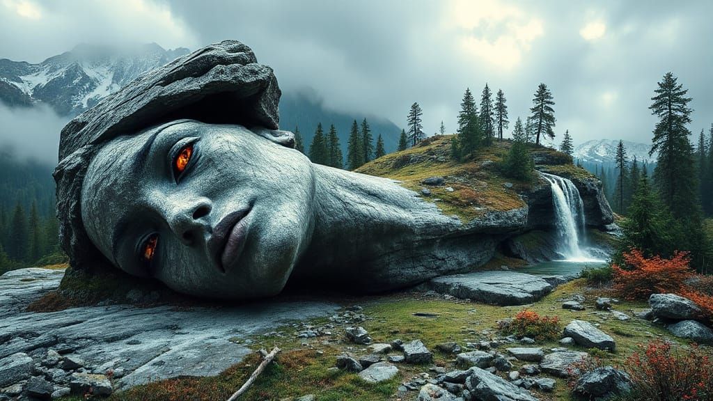 Surrealist Goddess of Merging Seasons in Weathered Rock-Moun...