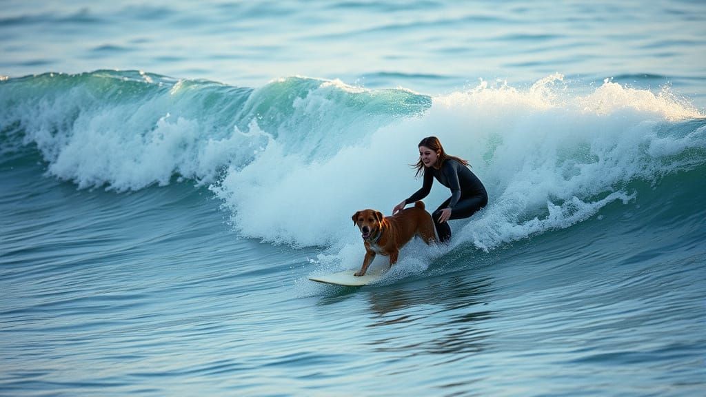Girl Surfing with Dog: Cinematic Ocean Scene