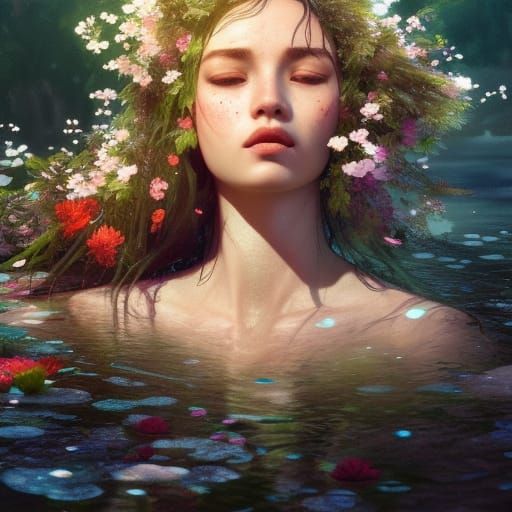 Naiad in a river with flowers