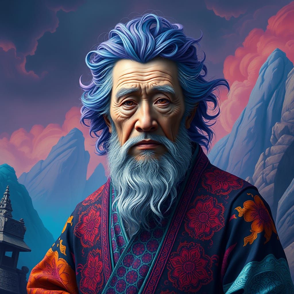 A bearded, old man with a round face, thick, wavy blue-purple hair, and bright orange, pink, and teal
