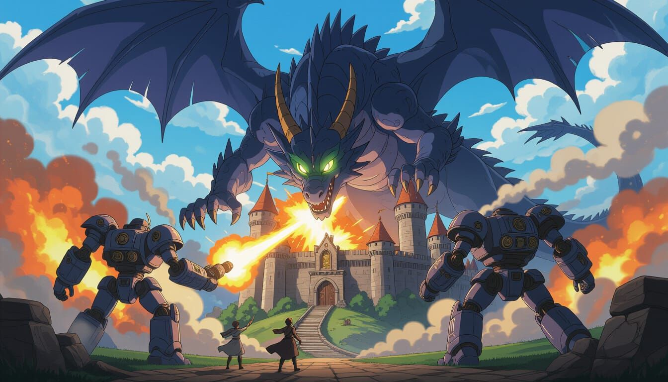 Anime Mecha Vs. Dragon Attacking Castle