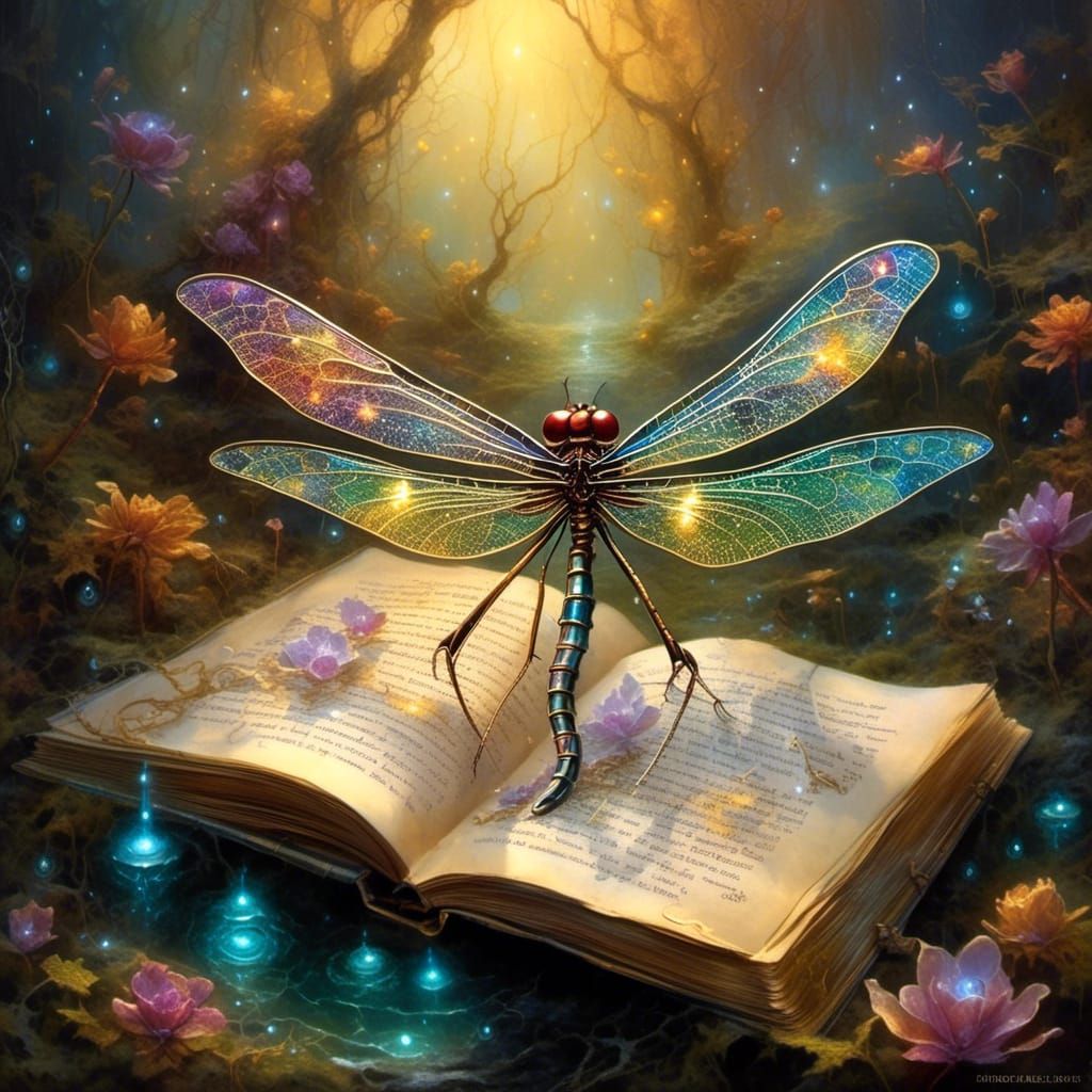Magical Dragonfly with Open Book in Fantasy Ambiance