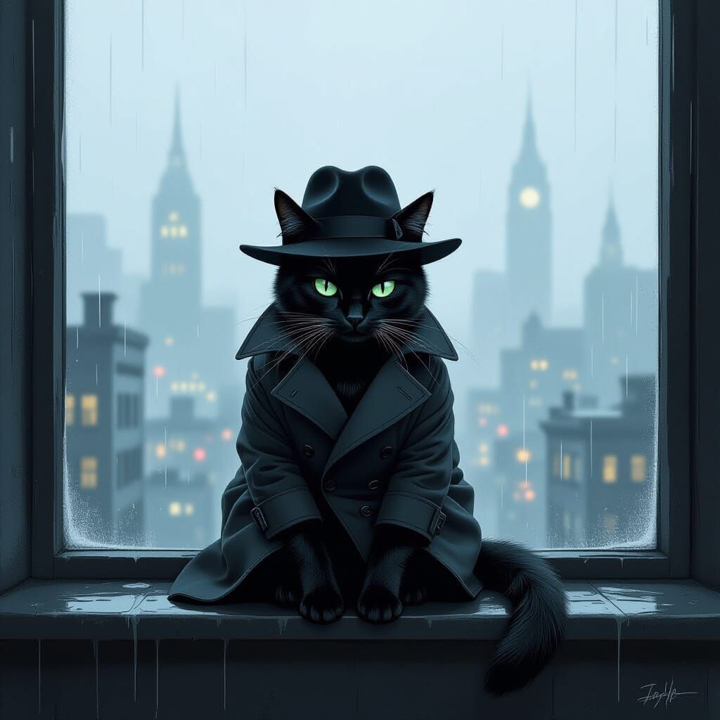 Noir Cat Contemplates Foggy Cityscape
