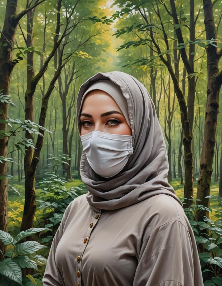 Woman in Hijab and Balaclava in Garden Oil Painting