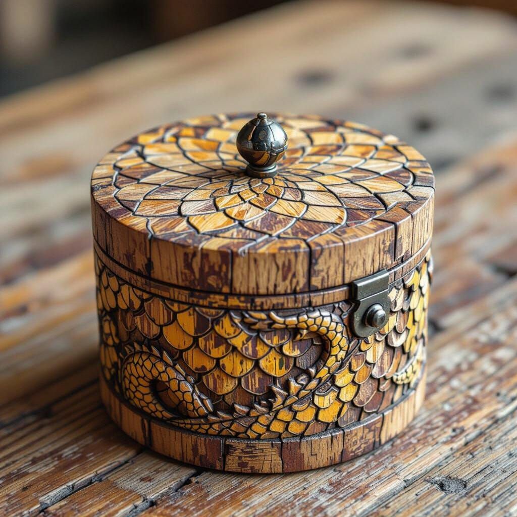 Dragon Scale Wooden Box: Dark Fantasy Concept Art