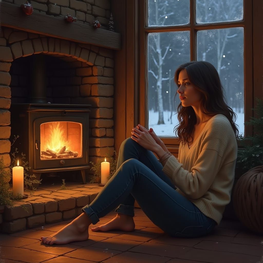 Cozy Winter Impression: Woman by Fireplace