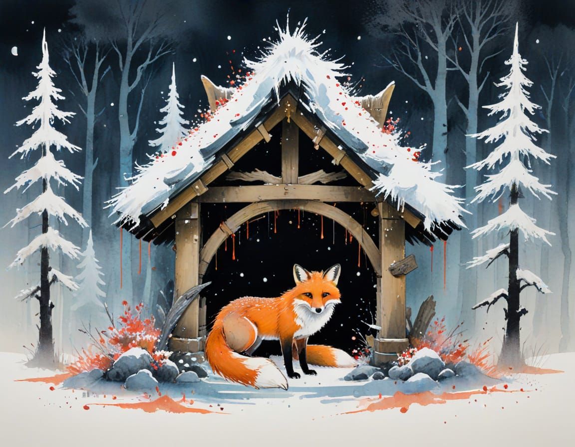 Fox Curled Beside Shrine in Sumi-e Style