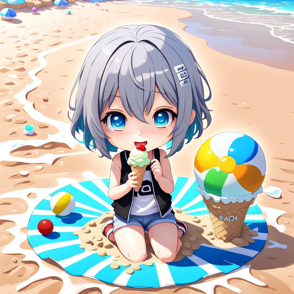 Chibi Girl Enjoying Beach with Melting Ice Cream
