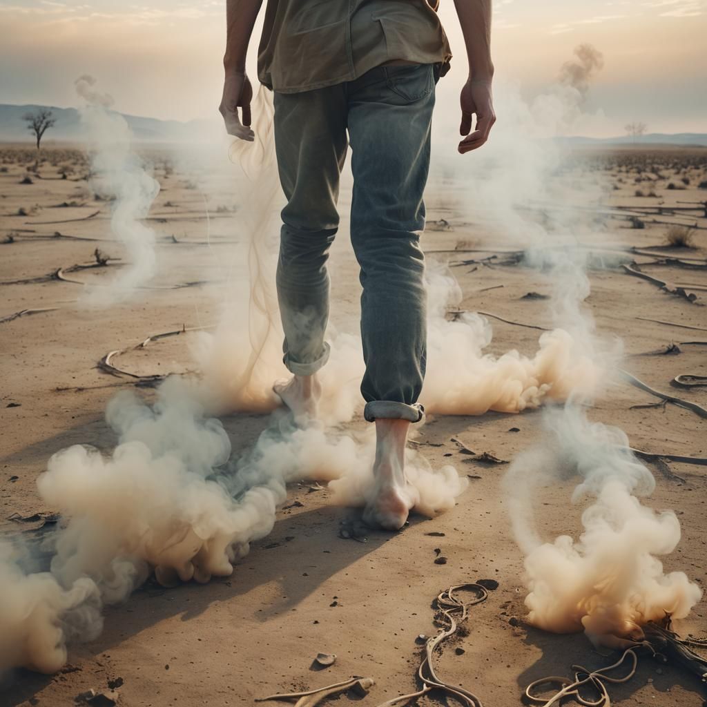 Ethereal Figure in Smoky, Surreal Landscape