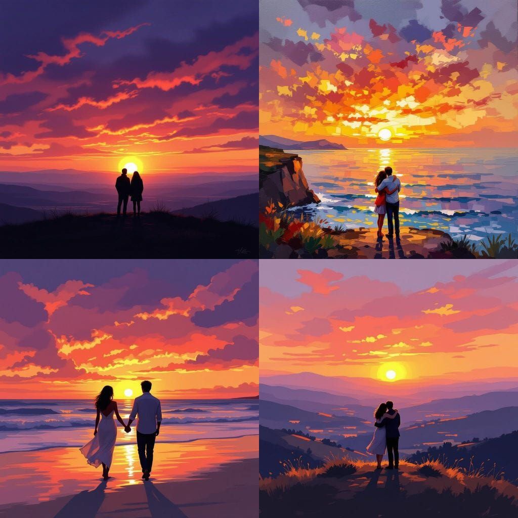 Couple Watching Sunset Over Calm Ocean