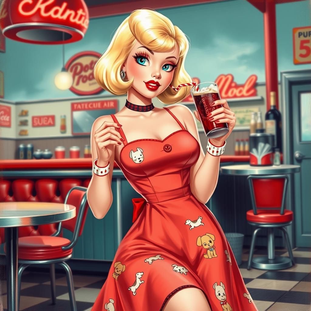 1950s Poodle Dress Pinup in Soda Shop