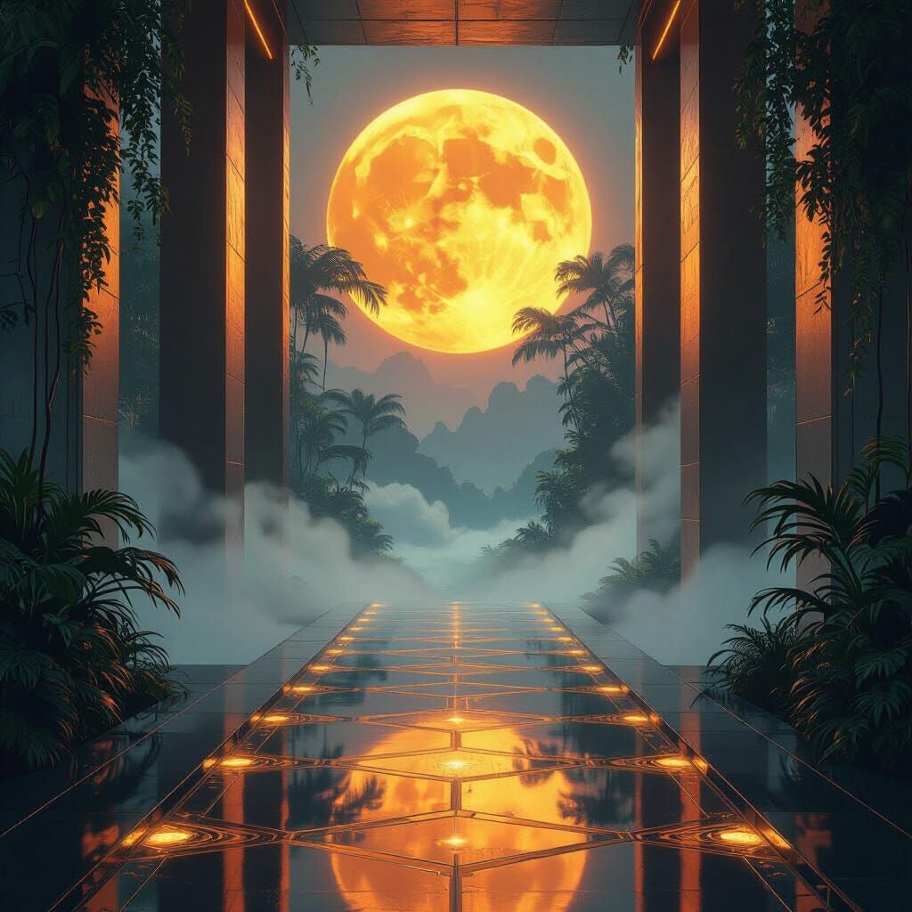 Futuristic Hallway with Luminous Mist, in Syd Mead Style