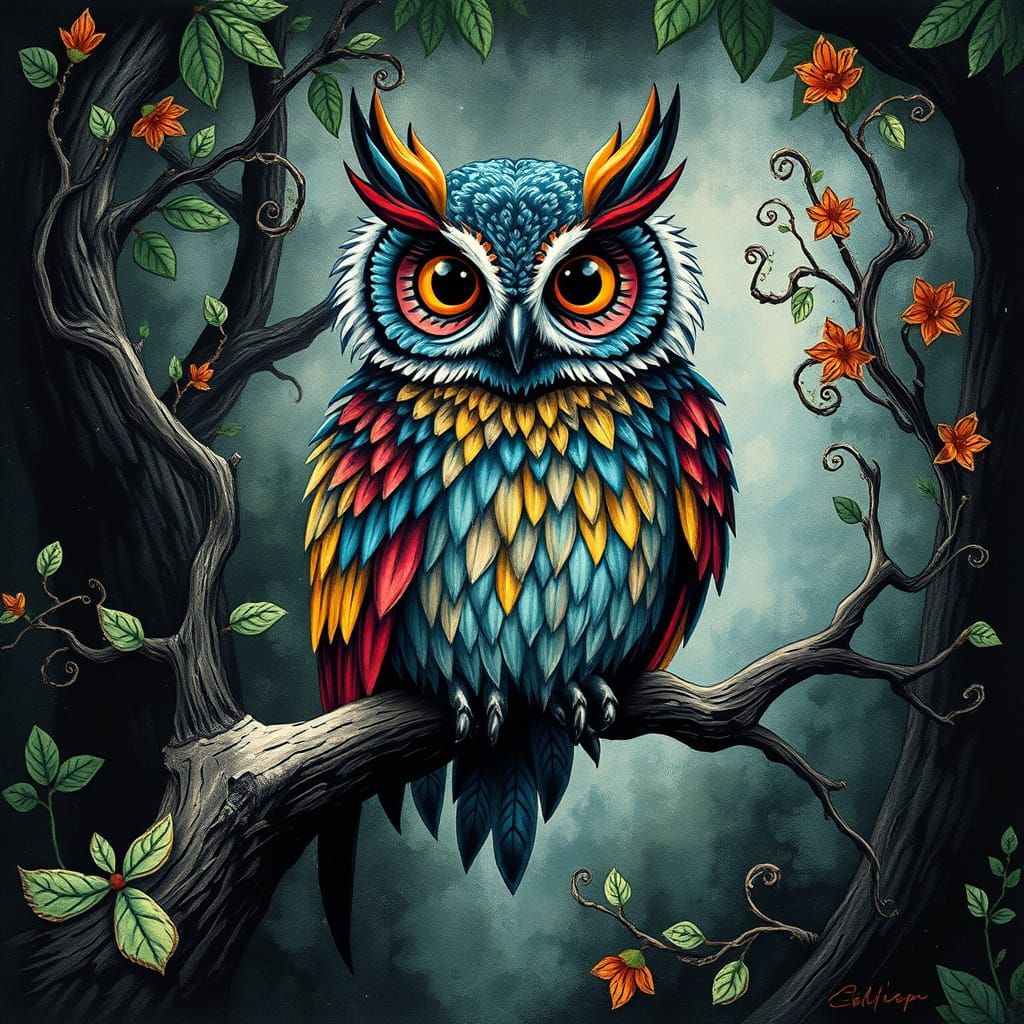 Whimsical Owl in Vibrant, Hyperdetailed Style