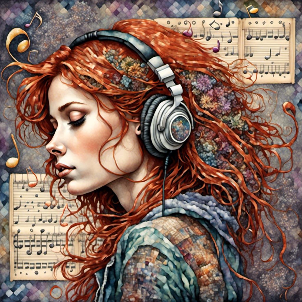 Red-Haired Woman Listening to Music in Watercolour