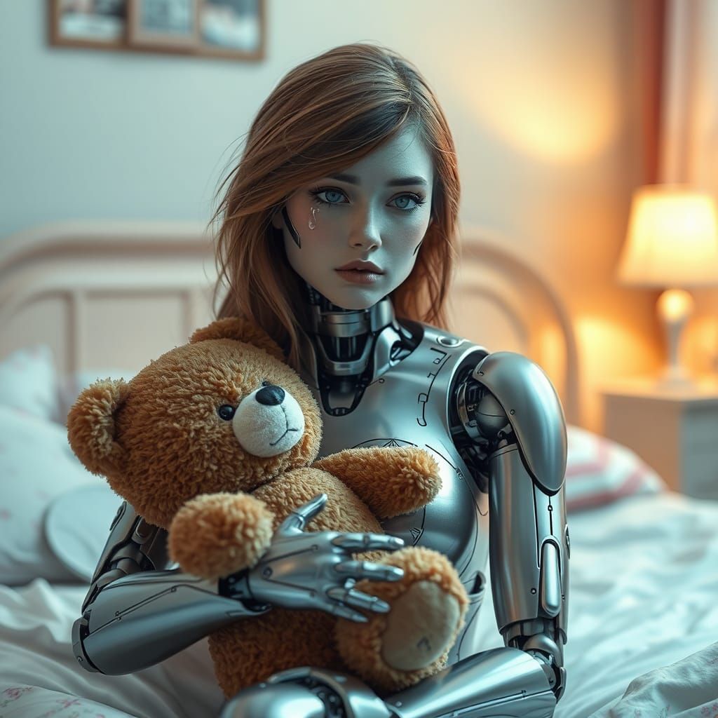 Robot Woman Cuddling a Teddy Bear