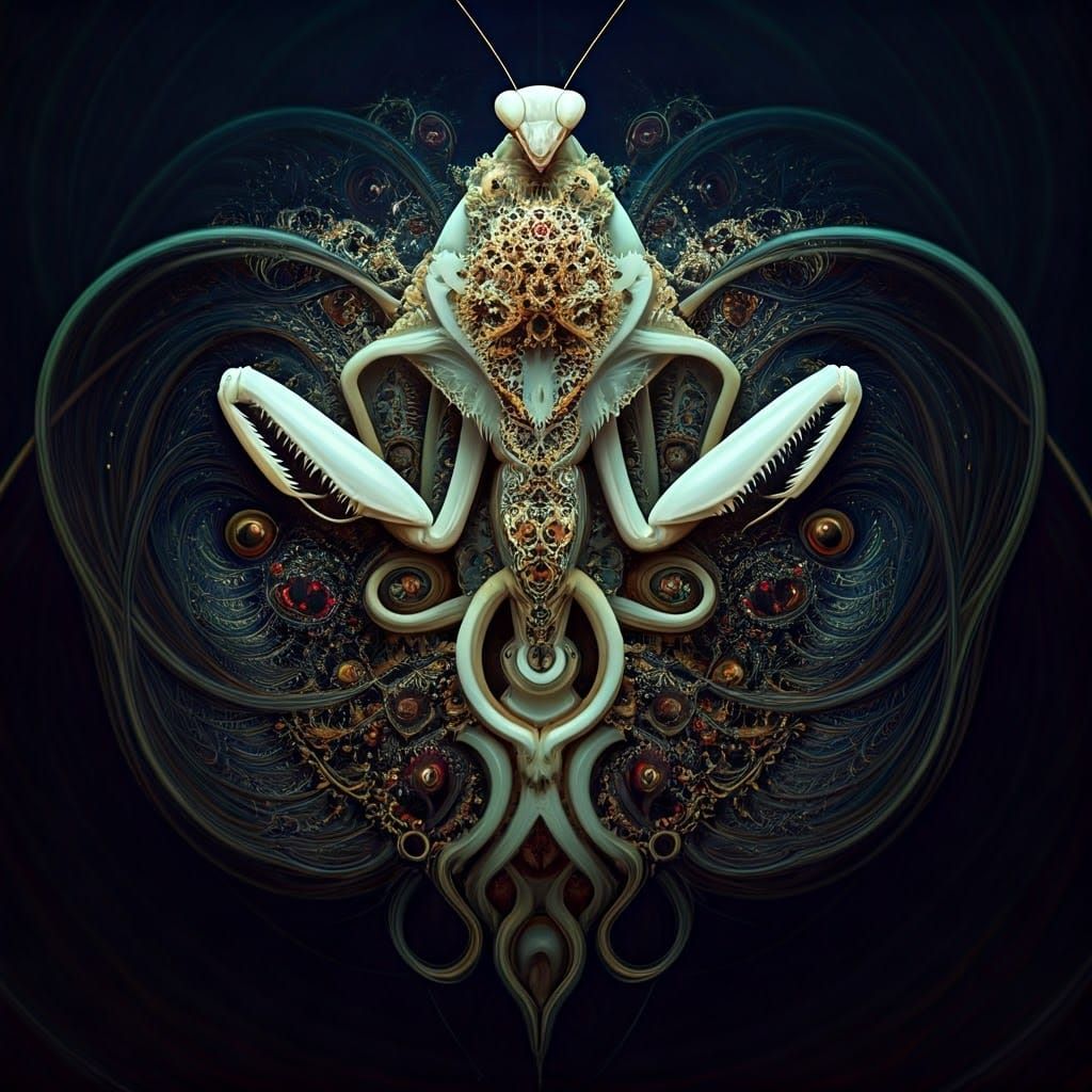 Surreal White Mantis in Fractal Dreamscape